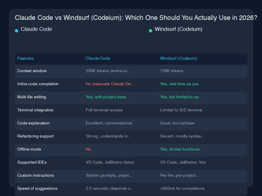 # Claude Code vs Windsurf (Codeium):2026年に実際に使うべきはどっち?
## クイック概要
私は過去6ヶ月間、Claude CodeとWindsurf(Codeium)の両方をほぼ毎日使ってきました。正直なところ?どちらも印象的ですが、その目的は大きく異なります。Claude Codeは、アーキテクチャの議論が得意なシニアエンジニアが隣に座っているような感