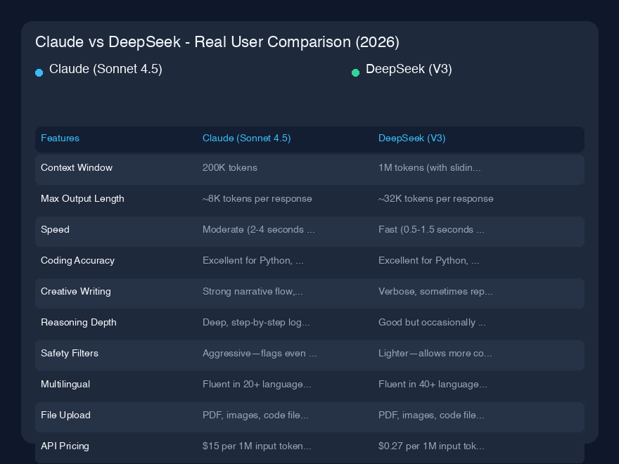 # Claude vs DeepSeek - 実際のユーザー比較(2026年)
## クイック概要
私は過去6ヶ月間、ClaudeとDeepSeekの両方を毎日テストし、コーディング、クリエイティブライティング、データ分析、さらには哲学的な議論に至るまで、同じ課題を課してきました。Anthropicが構築したClaudeは、洗練された安全第一のアシスタントへと進化し、思慮深い協力者のように感じ