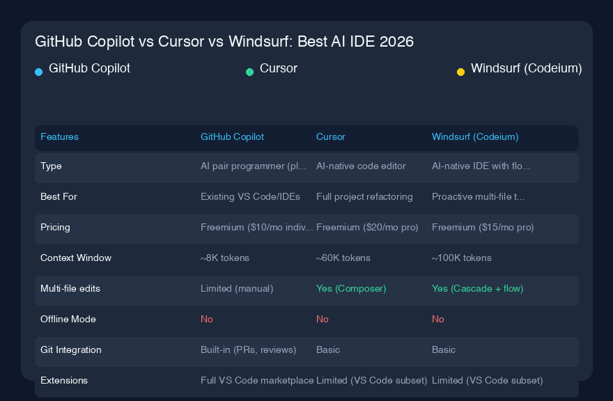GitHub Copilot vs Cursor vs Windsurf:2026年最佳AI IDE