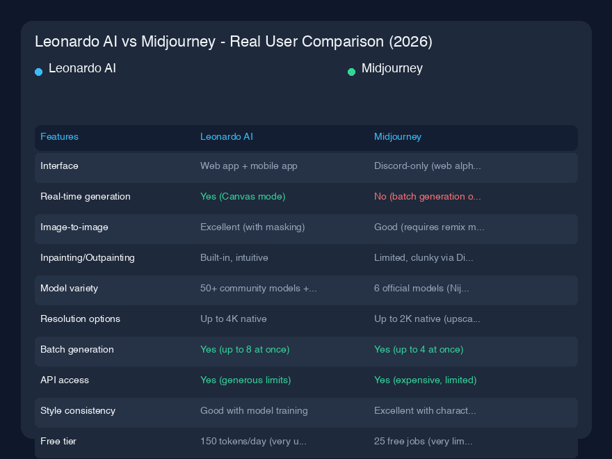 # Leonardo AI vs Midjourney - 実際のユーザー比較(2026年)
私はこの6ヶ月間、クライアントの仕事、個人プロジェクト、そして単に遊び半分で、これら2つの画像生成ツールを行き来してきました。両方とも初期から大きく進化し、その差は予想外の形で縮まっています。しかし、それらは依然として異なるワークフロー向けの根本的に異なるツールです。以下は、実際に並行して使ってみて学ん