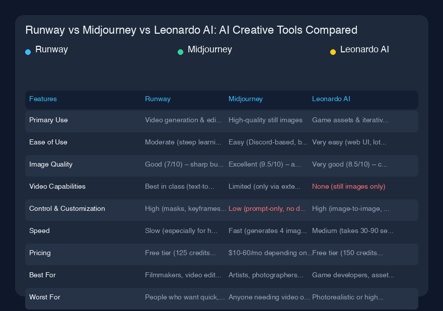 Runway vs Midjourney vs Leonardo AI:AIクリエイティブツール徹底比較